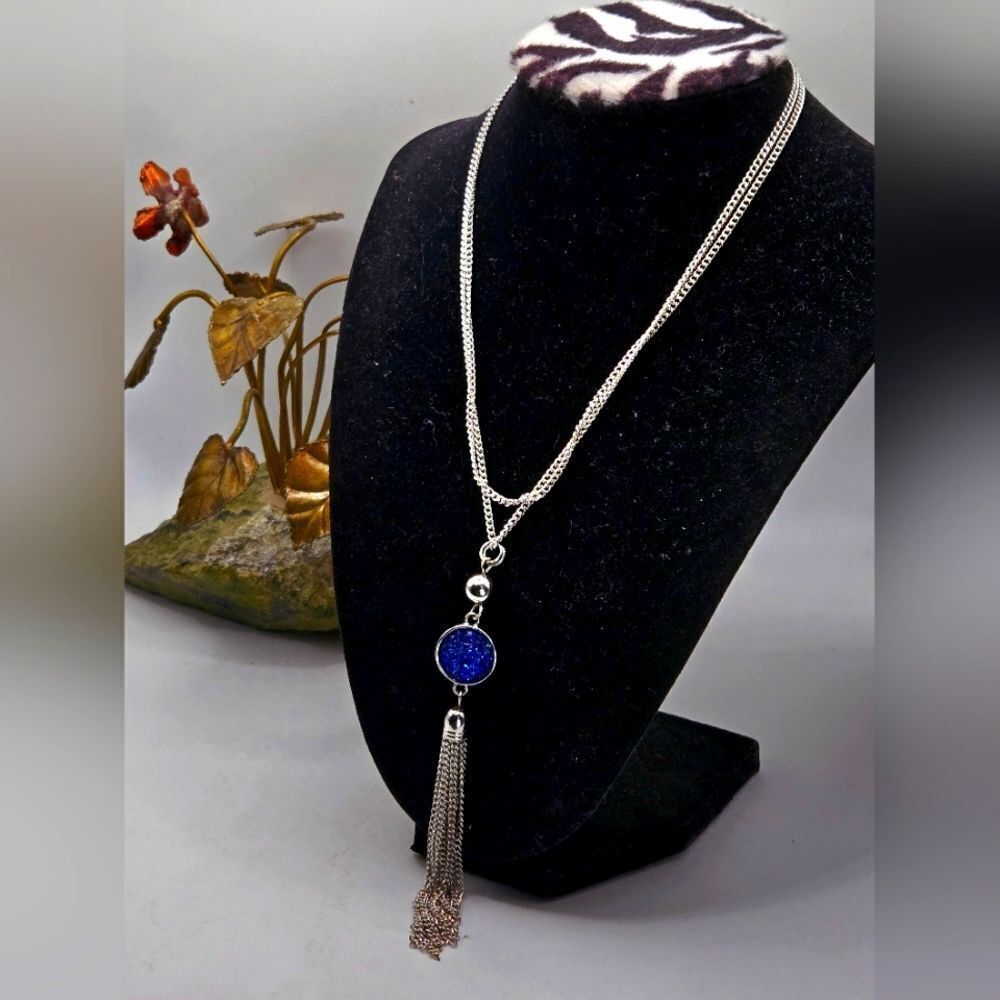 "5/$25" Blue Drusy Quartz Silvertone Tassel Long Adjustable Necklace